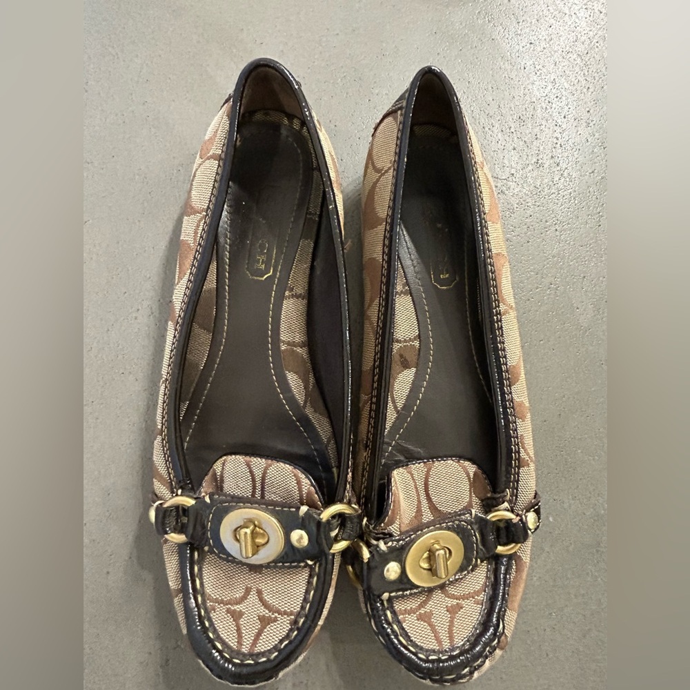 Coach Katrin Brown Logo Slip-On Flats with Gold Accents